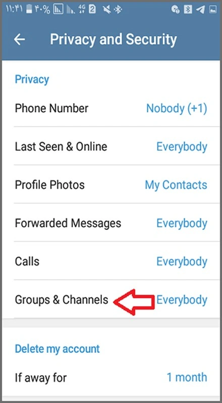 بخش تنظیمات و امنیت پیام‌رسان تلگرام